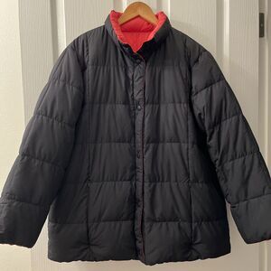 Lands End Goose Down Jacket Reversible Black & Red Puffer Women Sz L 14-16